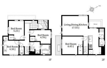  2階に配置したLDKはゆとりある17.5畳。全居室収納付きで住空間もスッキリ！1階4.3畳の居室はトップライトが