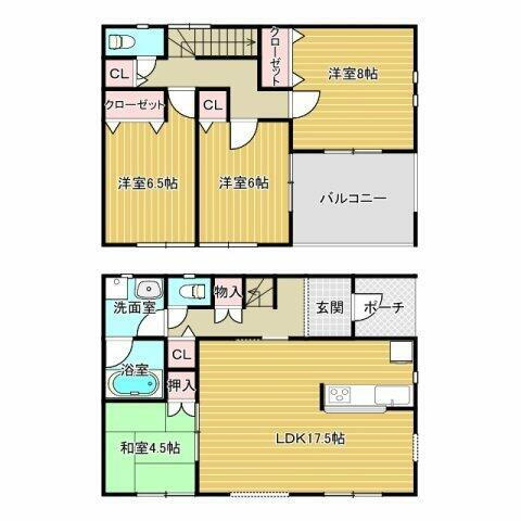 神辺町上御領　土地建物 建物面積30.38坪。間取は4LDKです。洋室の多い間取りとなっております。部屋数が多いのでファミリーにおす