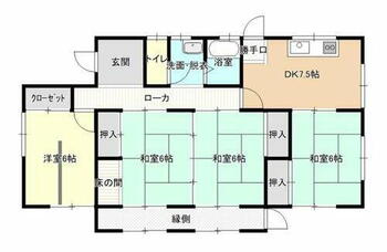 府中市久佐町　土地建物 建物面積23.51坪。和室の続き間がある４DK平屋建ての戸建てです。６畳の続き間は、大人数の来客時でも安心