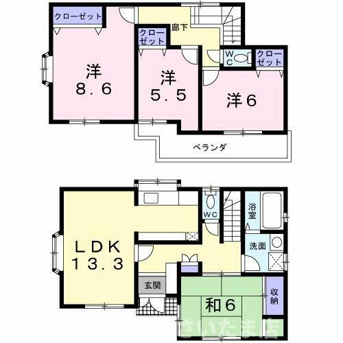 川口市戸塚東１丁目戸建 LDK１３．３帖ある、４LDKの間取りです。各部屋リフォーム済みで水回りは全て新品交換しています。