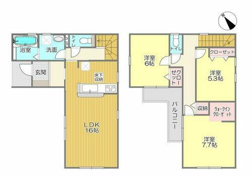 中央区西ヶ崎町５７期　新築戸建 1階にリビングを広めに配置した、3LDKの間取りでございます。