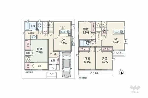 尼崎市南塚口町８丁目　一戸建て 延床面積121.98平米の4DDKK。1階を1DK、2階を3DKとして使える二世帯住宅対応プラン。