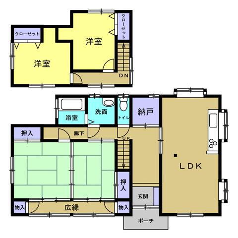 飯田市山本　戸建て 【リフォーム後/間取り図】ダイニングと和室をつなげてリビングへと拡張しました。納戸も含めて4SLDKの間取