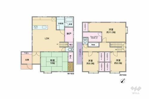 摂津市東別府５丁目　一戸建て LDKの上部は一部吹き抜け。全室6帖以上のゆとりがあり、主寝室約11.0帖は収納豊富な空間です。