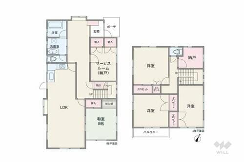 宝塚市寿楽荘　一戸建て 間取りは延床面積143.61平米の4SLDK。LDKと和室が続き間になったプラン
