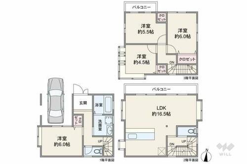 摂津市新在家２丁目　一戸建て 間取りは延床面積94.77平米の4LDK。2階リビングのプラン。