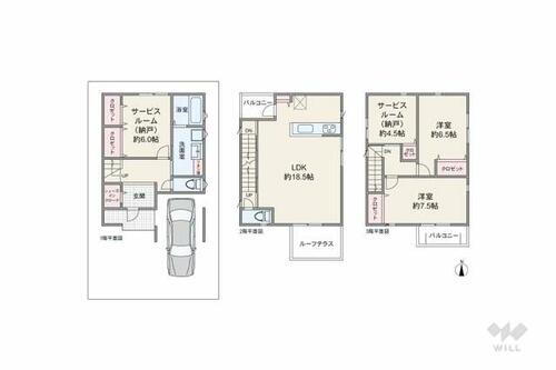豊中市原田元町１丁目　一戸建て 間取りは延床面積109.29平米の2SLDK。3階の居室へ向かうにはリビングを通る造り。