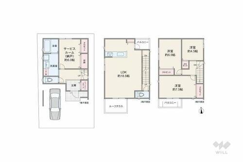 豊中市原田元町１丁目　一戸建て 間取りは延床面積109.29平米の3SLDK。3階の居室へ向かうにはリビングを通る造り。