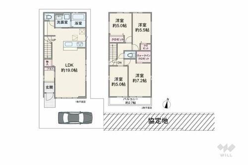 豊中市長興寺北３丁目　一戸建て 間取りは延床面積99.57平米の4LDK。1階にLDKがあり、リビング階段となっております。