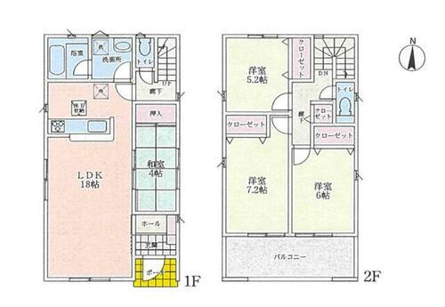  収納が充実した４ＬＤＫ。１階は１８帖のＬＤＫに４帖の和室が隣接して２２帖の広々空間です。