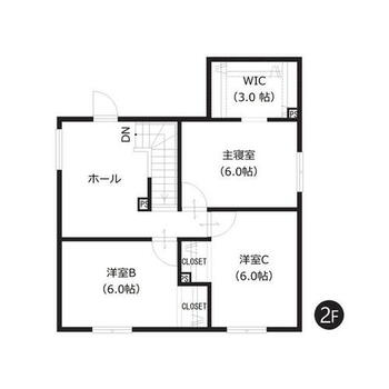  【２階間取図】２階の洋室は全室約６帖のゆとりある広さ。収納力のあるＷＩＣ、開放感溢れるホームも魅力。