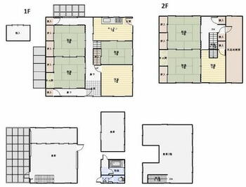  大きな倉庫と小さな倉庫がついた、２階建ての和風住宅です