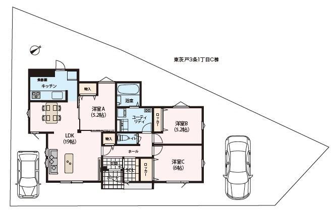 匠建コーポレーション全室床暖房の家　東茨戸３条１丁目モデルハウスＣ棟 2980万円、3LDK、土地面積215.58m<sup>2</sup>、建物面積81.45m<sup>2</sup> 収納充実の使いやすい３LDKの間取。全室オール床暖房で足元からぽっかぽっか。暖房機もなく家具が配置しやすいのも好評です。