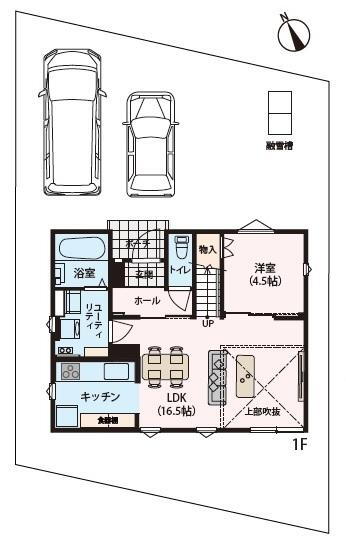 匠建コーポレーション全室床暖房の家　新川１条４丁目モデルハウスＡ棟 3580万円、4LDK、土地面積147.39m<sup>2</sup>、建物面積95.23m<sup>2</sup> 1階間取図。