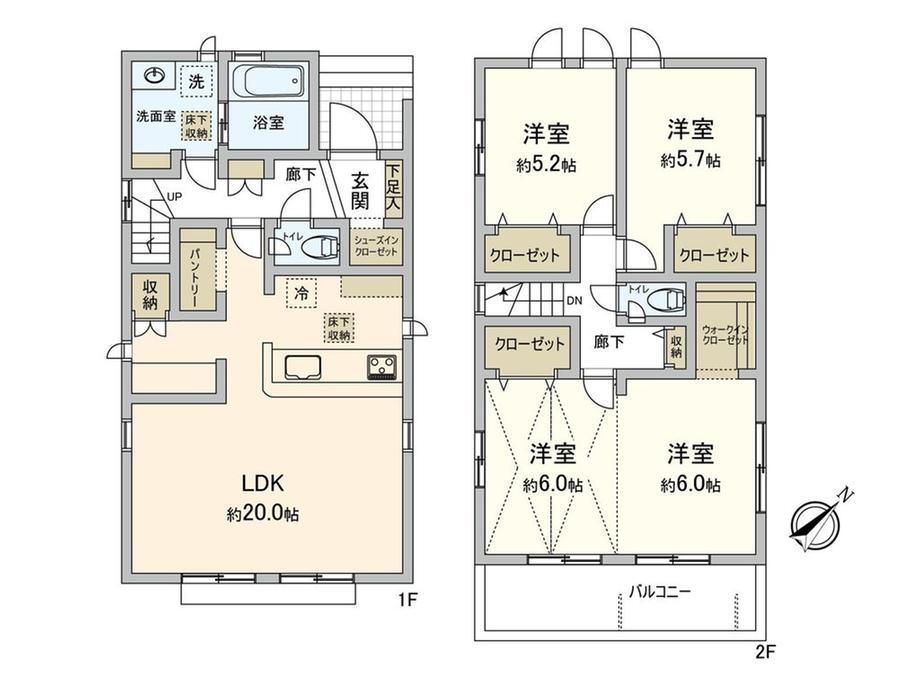 花咲２（京成大久保駅）　５０９０万円 5090万円、3LDK、土地面積129.15m<sup>2</sup>、建物面積103.51m<sup>2</sup> 閑静な住宅地に位置する、新築2階建ての3LDK。全居室2面以上の採光部が確保された住まいです。