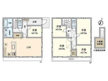 東浅川町（めじろ台駅）　３３８０万円 3380万円、5LDK、土地面積132.91m<sup>2</sup>、建物面積105.98m<sup>2</sup> 間取図