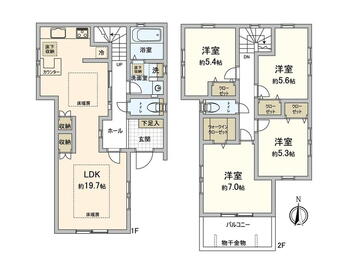 日吉本町６　７９８０万円 7980万円、4LDK、土地面積147.4m<sup>2</sup>、建物面積105.16m<sup>2</sup> 約19.7帖のLDK。ダイニングキッチン部分には、床暖房が備えられています。床下収納やWICなど便利な収納スペースが豊富な、全居室収納のある住まいです。