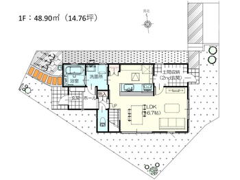 鷺沼３（幕張本郷駅）　４３８０万円 4380万円、3LDK+2S（納戸）、土地面積144.63m<sup>2</sup>、建物面積98.58m<sup>2</sup> 1階間取り図<BR>メイン玄関→洗面室→キッチン→セカンド玄関の家事ラク動線が魅力的