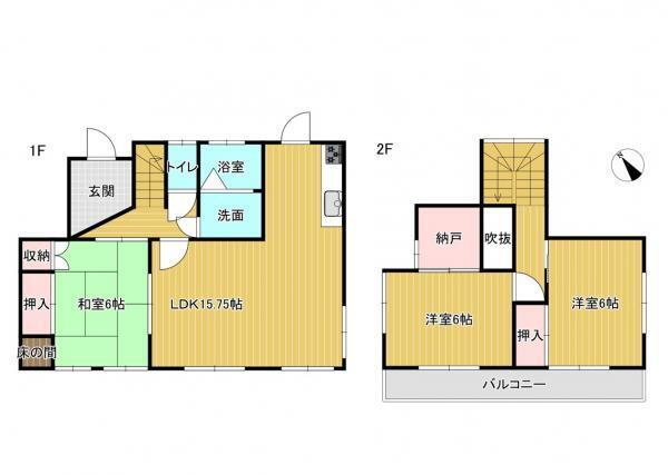 七栄（京成成田駅）　１３９９万円 1399万円、3LK+S、土地面積155.05m<sup>2</sup>、建物面積83.63m<sup>2</sup> 【間取り図】１階にリビングとは別に和室が１部屋あり、２階に収納付のお部屋が２部屋ございます。ファミリー世帯の方にも使い勝手のいい間取りです。