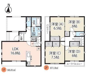 本前川１　４６８０万円 4680万円、4LDK、土地面積92.59m<sup>2</sup>、建物面積113.44m<sup>2</sup> 4LDK　全洋室６帖以上  リビング階段で家族を感じる間取りです