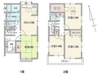 松庵２（西荻窪駅）　６４８０万円 6480万円、4DK、土地面積85.12m<sup>2</sup>、建物面積84.21m<sup>2</sup> 間取図です。1階和室は廊下からも入れる2way動線。急な来客にも安心です。ウォークインクローゼット付きで収納もたっぷり。