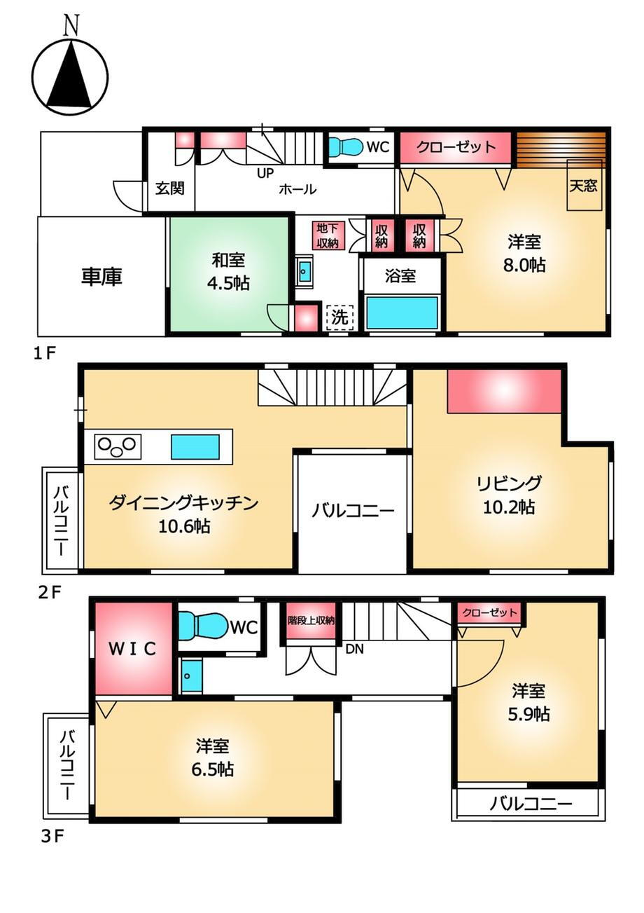 北野３（志木駅）　４６３０万円 全室南向きの明るいお住まい！2階にウッドデッキ風の中庭ございます＾＾バルコニー4か所ございます！収納スペース充実！