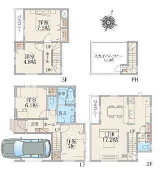 【遊具もたくさん♪行田公園近く】船橋市古作３丁目　新築戸建 4998万円、4LDK、土地面積89.48m<sup>2</sup>、建物面積109.91m<sup>2</sup> 、内カースペース9.93m<sup>2</sup>