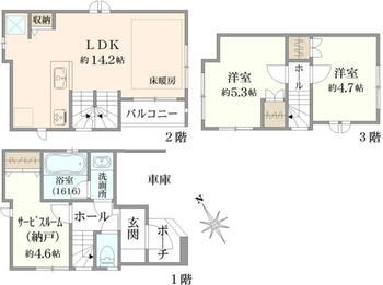 西蒲田１（蒲田駅）　４９９０万円 4990万円、2LDK+S、土地面積53.68m<sup>2</sup>、建物面積66.82m<sup>2</sup> 間取り図