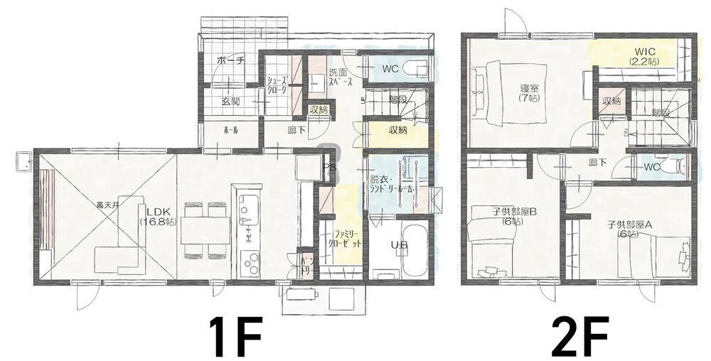 新潟市江南区砂岡Ａ　新築戸建住宅 3398万円、3LDK、土地面積138.86m<sup>2</sup>、建物面積99.09m<sup>2</sup> 間取り図（全階層）