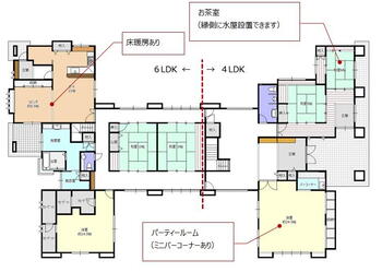 木越（五泉駅）　４９００万円 4900万円、10LLDDKK+2S（納戸）、土地面積1,884.07m<sup>2</sup>、建物面積563.85m<sup>2</sup> １F間取り　お茶室やパーティールームなどおもてなしの部屋あり（※現況優先）