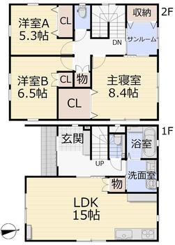 富山市高園町分譲住宅Ａ棟 2560万円、3LDK+S（納戸）、土地面積100.24m<sup>2</sup>、建物面積99.56m<sup>2</sup> 間取図　LDK15帖