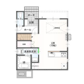 柏崎半田１　新築建売住宅 2280万円、3LDK、土地面積125.05m<sup>2</sup>、建物面積84.04m<sup>2</sup> 【1F間取り】<BR>吹き抜けのある広々とした開放的なリビング！