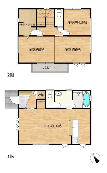 今泉（吉原本町駅）　１９４９万円 1949万円、3LDK、土地面積146.01m<sup>2</sup>、建物面積79.48m<sup>2</sup> 【間取り】1階は南西に面した16畳のLDK、2階の南東側のお部屋は壁を立てて別々のお部屋することも可能です。2階にトイレを新設し、より使い勝手の良い間取りになりました。