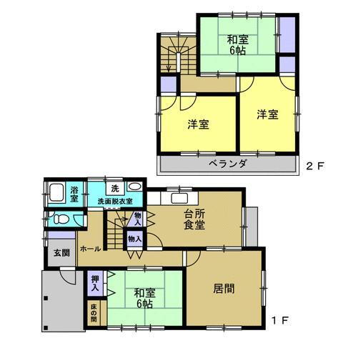 三河安城東町１（三河安城駅）　２１９９万円 2199万円、4LDK、土地面積184.6m<sup>2</sup>、建物面積97.27m<sup>2</sup> 【間取り図】間取りは5DKの二階建てです。1階に和室1部屋、洋室1部屋とキッチン、2階は和室1部屋と洋室2部屋となっております。