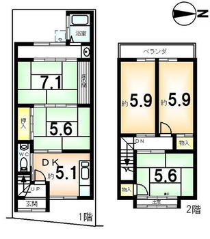 西院乾町（西院駅）　１８５０万円 1850万円、5DK、土地面積70.75m<sup>2</sup>、建物面積77.64m<sup>2</sup> 部屋数の多い間取りで、５ＤＫの間取りです。1階部分をリフォームして広々としたリビングにも変更可能です。