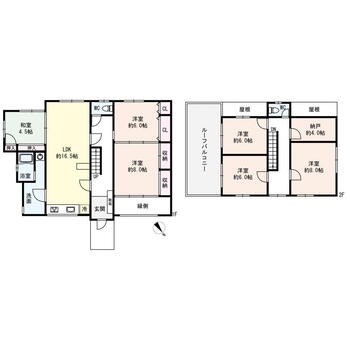 鹿ノ台東２（学研奈良登美ヶ丘駅）　２７９０万円 2790万円、6LDK+S、土地面積270.09m<sup>2</sup>、建物面積158.45m<sup>2</sup> ルーフバルコニー付きの６ＳＬＤＫの物件です。ＬＤＫは広々約１６．５帖！各階にトイレがございます。