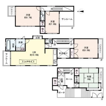 千里山東１（関大前駅）　３５８０万円 3580万円、4LDK、土地面積154.37m<sup>2</sup>、建物面積128.81m<sup>2</sup> 全居室2面採光以上・7.8帖以上の広さ！プライベート性の高い2階に配置されたLDK。各洋室・和室に収納が設けられています。トップライト・吹抜が効果的に配置され、サンルームが2ヶ所…