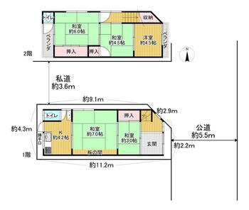 大阪市生野区田島一丁目 690万円、5K、土地面積46.58m<sup>2</sup>、建物面積72.84m<sup>2</sup> 洋室1部屋＋和室4部屋が配置されています。約3.0帖の和室と2階和室2部屋は、押入付き。東・西側の両面に、ベランダが設けられています。
