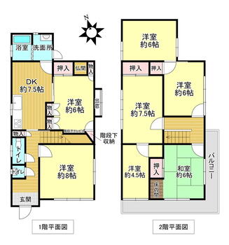 上賀茂本山（北山駅）　４９８０万円 4980万円、7DK、土地面積482.64m<sup>2</sup>、建物面積126m<sup>2</sup> 。洋室6部屋・和室1部屋が配置されています。内6部屋は6帖以上の広さ。DKは、隣接する洋室と一体利用が可能です。