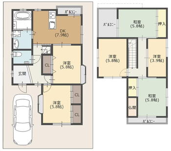 谷川２（住道駅）　２１８０万円 2180万円、6LDK、土地面積100.08m<sup>2</sup>、建物面積102.67m<sup>2</sup> 間取り