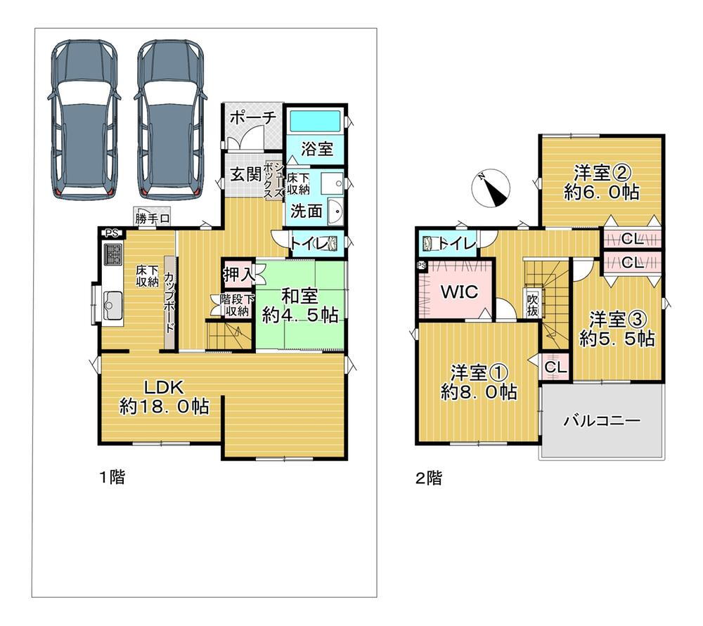 茨木市山手台新町二丁目 3380万円、4LDK、土地面積175.57m<sup>2</sup>、建物面積108.06m<sup>2</sup> 。1階にLDKと和室、2階に洋室3部屋が配置された2階建。キッチンと洗面室に床下収納有。各洋室・和室・1階ホールに、WICを含む収納スペースが備わっています。