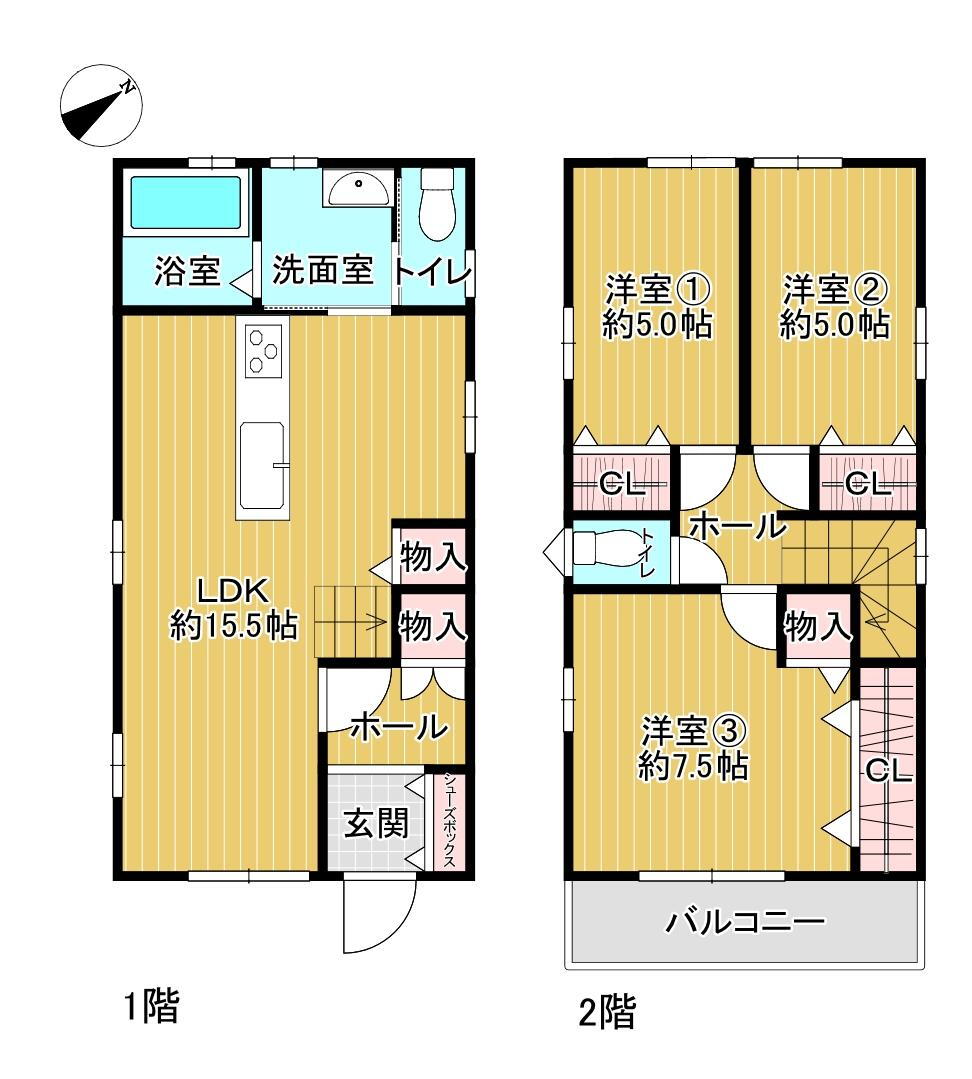 上之郷（長滝駅）　２３９８万円 2398万円、3LDK、土地面積86.53m<sup>2</sup>、建物面積82.48m<sup>2</sup> 。全居室フローリング、2階に洋室3部屋が配置されています。LDKは広さ約15.5帖、キッチンは対面式です。全居室と1階ホールに、収納スペースが設けられています。