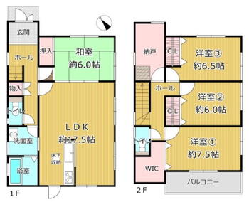 高松西１（泉佐野駅）　２２８０万円 2280万円、4LDK、土地面積153.03m<sup>2</sup>、建物面積115.1m<sup>2</sup> 。全居室6帖以上＋南東向き！LDKは約17.5帖の広さです。和室・各洋室・各階ホールに、WICと納戸を含む収納スペースが備わっています。南西側にバルコニー有！