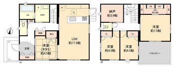 【Ｂｅハイム】長浜市平方町 4390万円、4LDK+S（納戸）、土地面積173m<sup>2</sup>、建物面積107.25m<sup>2</sup> 1階に水廻りをまとめ家事動線に優れた4LDK+納戸。全居室南向き×収納付きで、ご家族団らんはもちろんご自身の時間も大切に考えられています。2階約3.6帖の納戸は収納以外に、…