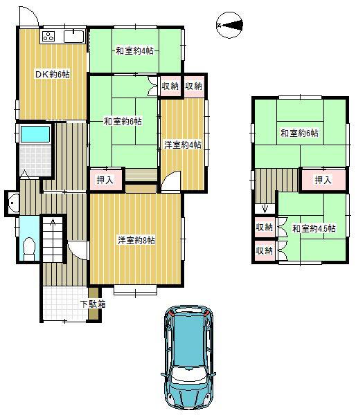 荘苑１　４９８万円 498万円、6DK、土地面積153.57m<sup>2</sup>、建物面積74.52m<sup>2</sup> 汎用性の高い和室を中心とした間取りです。
