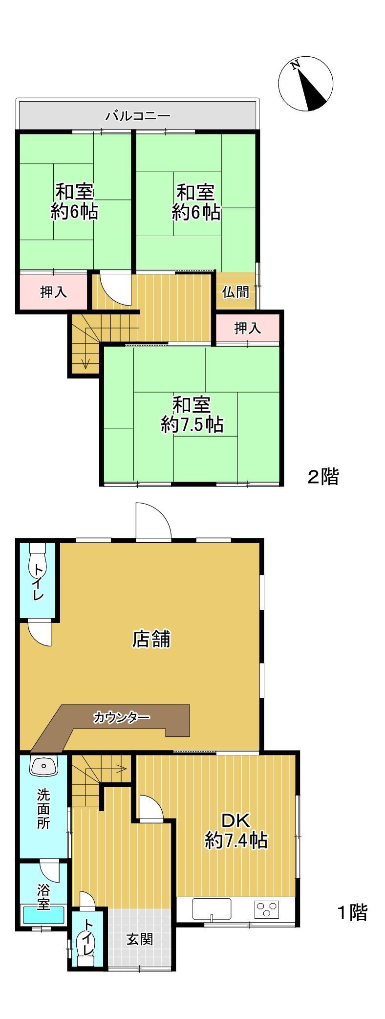 木川町（草津駅）　１５００万円 1500万円、3DK、土地面積124m<sup>2</sup>、建物面積100.88m<sup>2</sup> 。1階に店舗・DK、2階に和室3部屋が配置されています。全居室6帖以上の広さ。トイレは、店舗部分・居住スペースのそれぞれに設置されています。バルコニーは南東向きです。