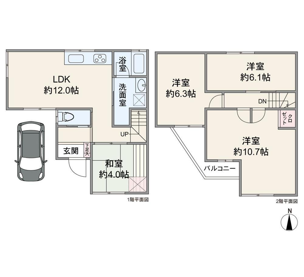 大黒町３（神崎川駅）　２１８０万円 2180万円、4LDK、土地面積72.85m<sup>2</sup>、建物面積84.15m<sup>2</sup> 【間取り図】ハイルーフ駐車場付き4LDKの２階建て。オール電化で過去に間取り変更含むフルリフォームの履歴アリ。