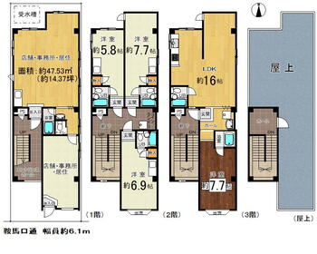 新御霊口町鞍馬口通寺町西入（鞍馬口駅）　５２８０万円 5280万円、5LLDDKK、土地面積78.8m<sup>2</sup>、建物面積171.54m<sup>2</sup> １階　テナント：１室<BR>２階　ワンルーム：３室<BR>３階　１ＬＤＫ：１室<BR>屋上から大文字・比叡山を望む。