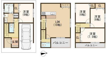 川田１（吉田駅）　２８８０万円 2880万円、4LDK、土地面積63.75m<sup>2</sup>、建物面積117.72m<sup>2</sup> 。LDKは約18帖の広さ。ゆとりある空間でご家族団らんの時間を過ごせます。キッチンはご家族との会話が弾む対面式！パントリーが備わっています。3階の洋室はプライバシーを確保しやすい振…
