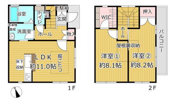 東羽衣７（伽羅橋駅）　１８５０万円 1850万円、2LDK、土地面積68.73m<sup>2</sup>、建物面積71.94m<sup>2</sup> 。全居室フローリング＋8帖以上！2階に洋室2部屋が配置されており、それぞれに収納スペースが備わっています。